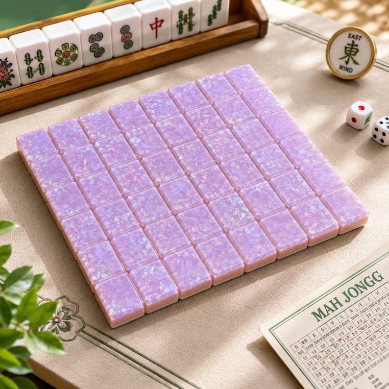 May include: A set of rectangular mahjong tiles with a shimmering, iridescent lavender finish arranged in a square grid. The tiles feature a pearlescent texture that reflects light, creating a multi-tonal purple appearance across the surface.