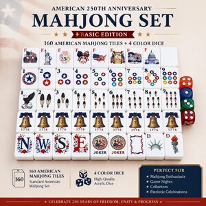 May include: An American 250th Anniversary Mahjong set featuring 160 white tiles with patriotic graphics including the Statue of Liberty, Liberty Bell, eagles, and stars. The set includes four colored dice and displays text such as 1776, 2026, and Joker.