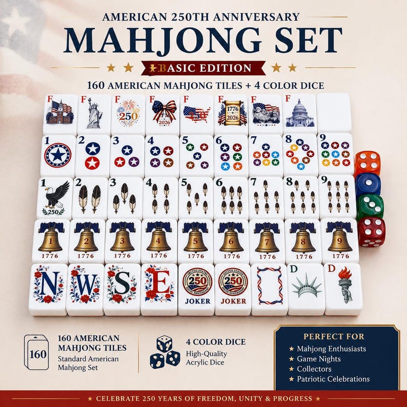 May include: An American 250th Anniversary Mahjong set featuring 160 white tiles with patriotic graphics including the Statue of Liberty, Liberty Bell, eagles, and stars. The set includes four colored dice and displays text such as 1776, 2026, and Joker.