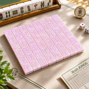May include: A set of rectangular mahjong tiles with a pearlescent pink finish arranged in a grid. The set includes a wooden rack holding white tiles with green and red symbols, two white dice, a round wind indicator, and a mahjong score card.