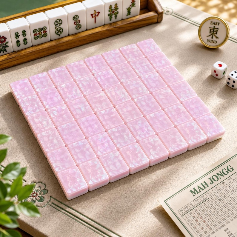 May include: A set of rectangular mahjong tiles with a pearlescent pink finish arranged in a grid. The set includes a wooden rack holding white tiles with green and red symbols, two white dice, a round wind indicator, and a mahjong score card.