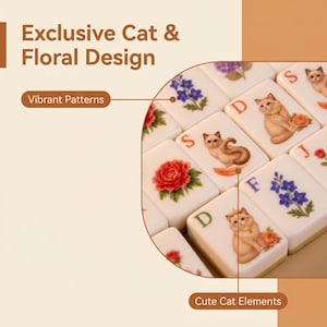 May include: A set of off-white mahjong tiles featuring vibrant illustrations of cats and various flowers. The tiles include printed letters and detailed cat portraits. Text on the image reads Exclusive Cat & Floral Design, Vibrant Patterns, and Cute Cat Elements.