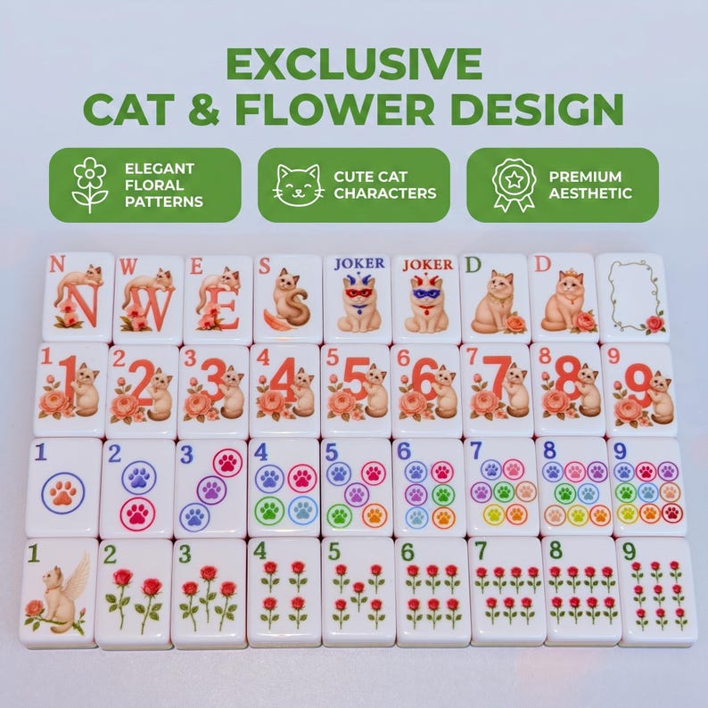 May include: A set of white mahjong tiles featuring cat and flower illustrations. The top row includes letters N, W, E, S, Joker, and D. The middle rows display numbers 1 through 9 with cats and paw prints. The bottom row shows roses and a cat.