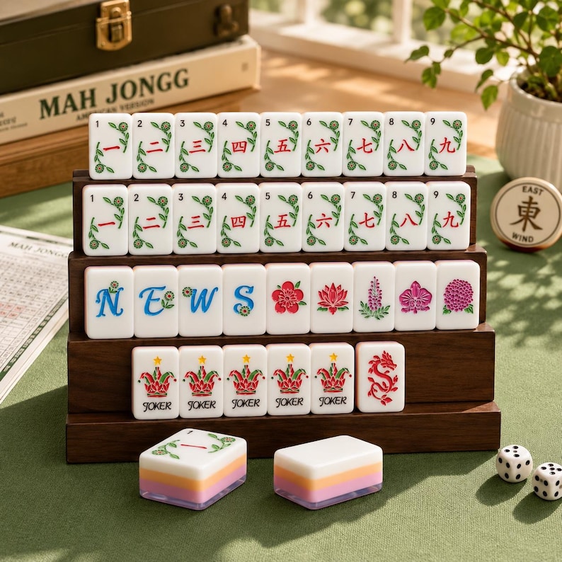 May include: A set of white Mahjong tiles arranged on a tiered dark wooden rack. The tiles feature green floral stems with red Chinese numerals one through nine, blue letters spelling NEWS, colorful flower illustrations, and red Joker and dragon designs.