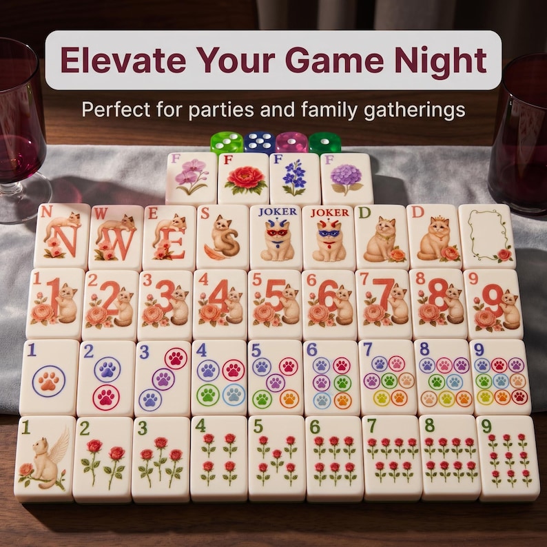 May include: A set of cream-colored mahjong tiles featuring cat illustrations, floral patterns, and colorful paw prints. The tiles include numbered sets, joker tiles with cat faces, and directional tiles labeled N, W, E, S, D, and F. Four dice are visible.