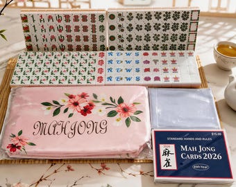 American Mahjong Set, Transparent Acrylic Tiles, Floral Design, Case, Rules Card