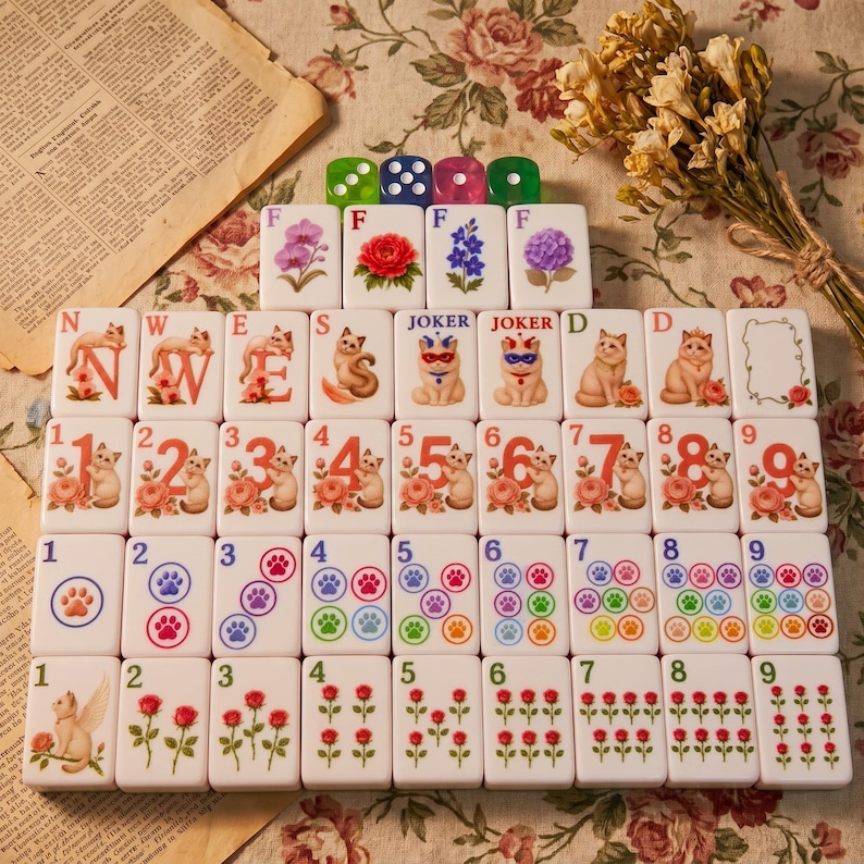 May include: A set of white mahjong tiles arranged in rows, featuring colorful illustrations of cats, flowers, paw prints, and numbers. The tiles include lettered markers, joker tiles, and numbered suits, all decorated with detailed floral and feline motifs.