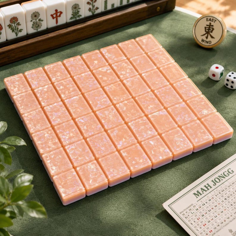 May include: A set of rectangular mahjong tiles with a peach-colored, pearlescent finish arranged in a grid. The set includes two white dice with black dots, a circular token labeled East Wind, and a score card with the text Mah Jongg printed on it.