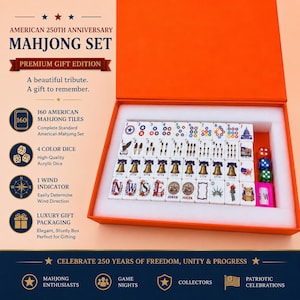 May include: An American 250th Anniversary Mahjong set in an orange box. The set includes 160 white tiles with patriotic graphics, four colored acrylic dice, and a wind indicator. Text on the box reads American 250th Anniversary Mahjong Set.