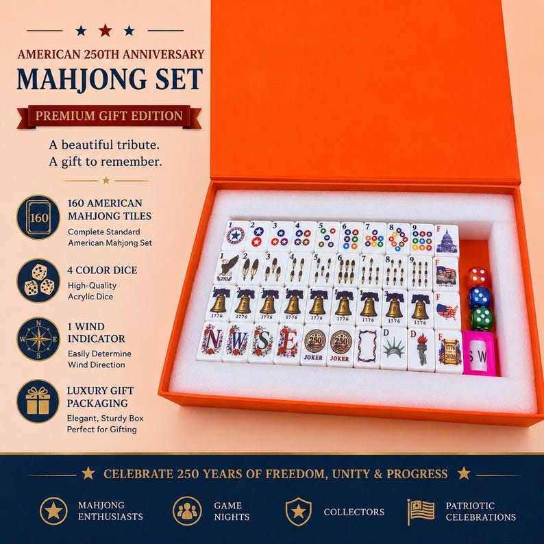 May include: An American 250th Anniversary Mahjong set in an orange box. The set includes 160 white tiles with patriotic graphics, four colored acrylic dice, and a wind indicator. Text on the box reads American 250th Anniversary Mahjong Set.
