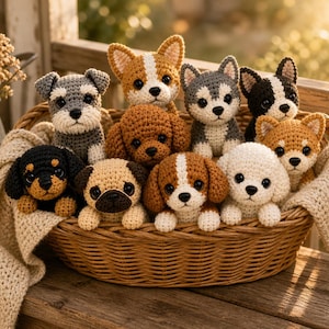 May include: A collection of handmade crochet dog plushies in a woven basket. The dogs are various breeds, including a Schnauzer, Corgi, and Husky. The plushies are in shades of brown, black, white, and gray. A cream-colored blanket is draped over the basket.