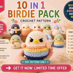 May include: A collection of ten crocheted bird patterns, the "Birdie Pack," with a variety of colorful designs. The image includes text that says "10 in 1 Birdie Pack Crochet Pattern" and "Get it now: Limited Time Offer."