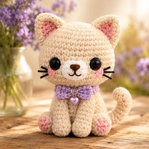 Könnte beinhalten: Gehäkelte Katzenpuppe in Beige mit rosa Akzenten an Ohren und Pfoten. Sie hat große schwarze Augen, eine braune Nase und schwarze Schnurrhaare. Die Katze trägt ein lila Halsband mit Herzanhänger. Die Puppe sitzt auf einer Holzoberfläche.