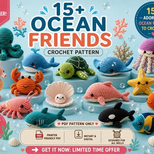 Pacchetto di oltre 15 modelli all'uncinetto di animali marini in formato PDF / Pesci amigurumi / Polpo Tartaruga Balena Granchio