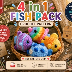 Puede incluir: Una cesta de mimbre contiene cuatro peces de ganchillo de colores. Los peces son en tonos de azul, morado, naranja y arcoíris. El texto de la imagen dice "4 in 1 Fish Pack Crochet Pattern" y "PDF Pattern Only."
