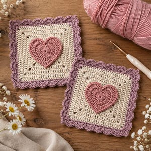 May include: Two handmade crochet coasters with a heart design. The coasters are square, with a cream-colored center, a pink heart, and a scalloped purple border. A ball of pink yarn, a crochet hook, and flowers are also in the image.