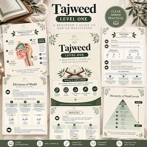 Peut inclure: Un ensemble de cahiers d'exercices Tajweed niveau un pour la récitation du Coran. Les pages présentent des schémas du conduit vocal humain, des tableaux sur les règles de Madd, des pyramides hiérarchiques et des définitions en vert foncé.