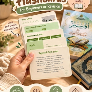 May include: A set of Tajweed flashcards featuring educational text and rules for beginners. The cards are off-white with green and brown accents, displaying Arabic script and English explanations. The deck includes topics like Heavy Letters, Noon Sakinah, Meem Sakinah, and Madd rules.