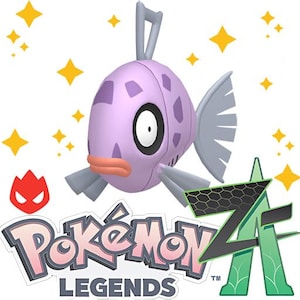 Puede incluir: Una criatura similar a un pez de color morado claro con manchas moradas oscuras, grandes ojos blancos con pupilas negras y labios naranjas. Sobre la criatura hay un lazo gris. Debajo, el texto dice Pokémon Legends Z-A con estrellas.