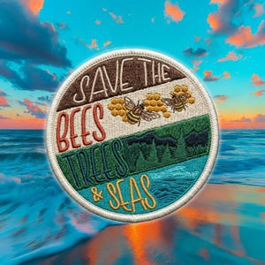 May include: A circular embroidered patch featuring the text SAVE THE BEES TREES & SEAS. The design includes brown, cream, green, and blue horizontal sections depicting honeycombs with two bees, a forest of pine trees, and ocean waves.