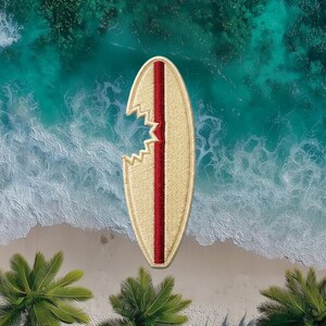 May include: An embroidered patch shaped like a surfboard with a cream-colored surface and a vertical dark red stripe running down the center. The left side of the surfboard features a jagged, bite-mark cutout design with a stitched border.