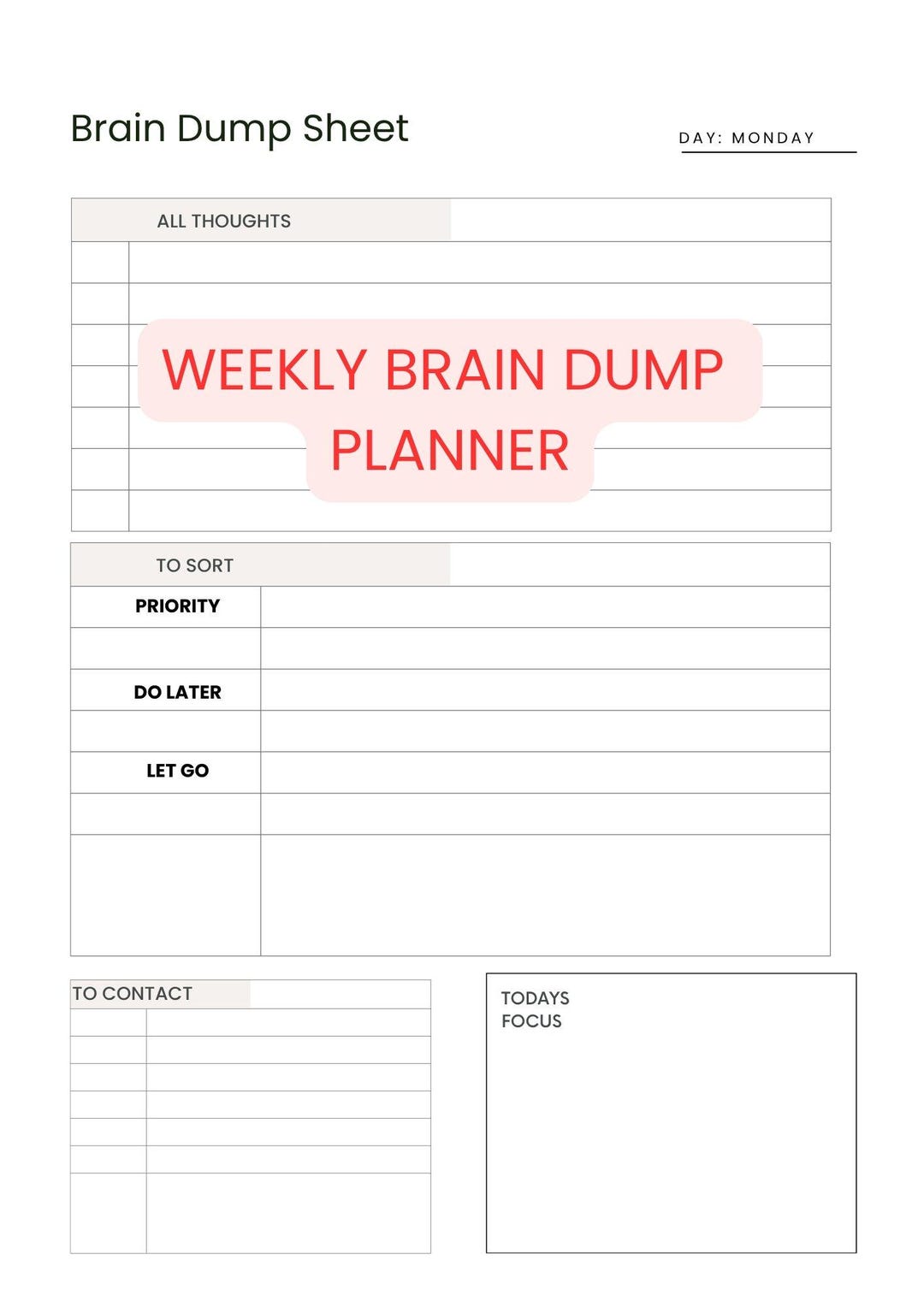 ADHD Brain Dump Planner Printable | Minimalist Daily Reset Page ...