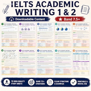Könnte beinhalten: Ein Studienführer für IELTS Academic Writing 1 & 2 mit herunterladbaren Inhalten und Strategien für eine Band 7.5+ Bewertung. Der Leitfaden enthält Beispiele und Studienblätter für verschiedene Schreibaufgaben, wie Liniendiagramme und Meinungsaufsätze.