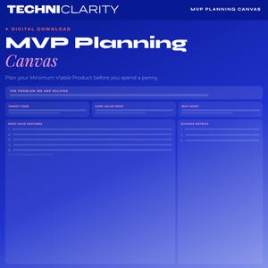 May include: A digital download MVP Planning Canvas on a blue background. The canvas includes sections for problem-solving, target users, core value proposition, and success metrics. The text reads "Plan your Minimum Viable Product before you spend a penny."