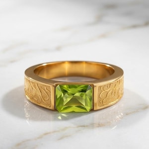 Natural Peridot Emerald Cut Gold Ring – Vintage Style Statement Ring for Men and Women Fine Gemstone Jewelry