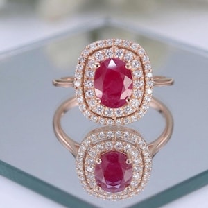 Elegant Ruby Oval Halo Ring in Rose Gold with Double Diamond Frame – Vintage Style Statement Engagement Ring