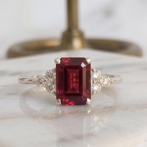 Emerald Cut Lab Ruby Ring with Side Accent Stones, 925 Sterling Silver Elegant Vintage Inspired Statement Engagement Ring