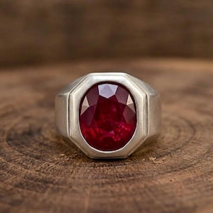 Bold Natural Ruby Oval Cut Silver Signet Ring for Men Vintage Style Minimalist Luxury Statement Ring Perfect Gift for Him