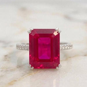 Natural Johnson Ruby Emerald Cut Solitaire Ring in Sterling Silver, Handmade Statement Engagement Promise Ring for Women