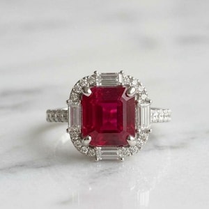Natural Johnson Ruby Ring with Diamond Halo, Emerald Cut Ruby Engagement Ring, Vintage White Gold Statement Ring