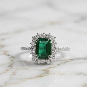Elegant lab Emerald Cut Green Gemstone Halo Ring with Sparkling Diamond Accents in Silver  Luxury Statement Jewelry for Women