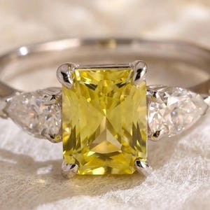 Elegant Yellow  lab Emerald Cut Gemstone Ring with Side Diamond Accents in Silver Band – Luxury Statement Jewelry for Women