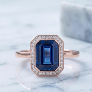 Lab Blue Sapphire Emerald Cut Ring, Halo Gemstone Ring, Elegant Statement Jewelry, Unique Gift for Her, Classic Sapphire Ring