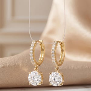 Gold Plated Moissanite Hoop Earrings, Sparkling Round Cut Drop Earrings, Elegant Luxury Bridal Jewelry for Women, Statement Gift Earrings