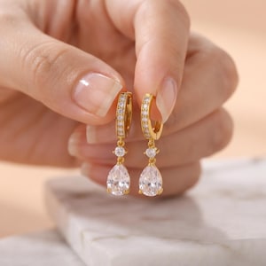 Gold Plated Pear Cut Moissanite Hoop Drop Earrings, Sparkling Dangle Earrings, Elegant Bridal Jewelry, Luxury Gift for Her