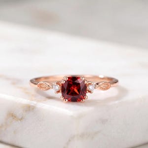 Lab Ruby Gold Plated Ring, Cushion Cut Red Lab Ruby Ring with Side Accents, Elegant Vintage Inspired Statement Ring for Women