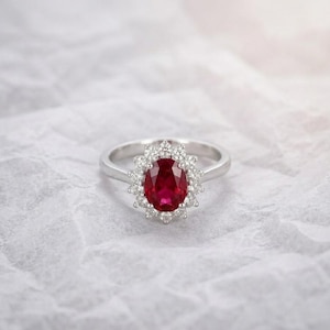 Ruby Glass-Filled Red Stone Ring with Crystal Halo, Silver Tone Finish | Elegant Statement Jewelry Ring for Women & Gift Choice