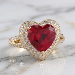 Stunning Heart Cut Ruby glass filled Halo Ring in Gold plated with Sparkling Stones – A Romantic Symbol of Love, Passion,  Timeless Elegance