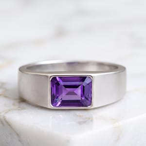 Purple Natural Amethyst Gemstone Ring, 925 Sterling Silver Statement Ring, Rectangular Cut Purple Stone, Men’s