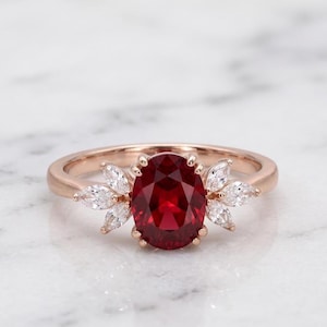 Gold Plated Lab Ruby Ring, Oval Cut Red Ruby Engagement Ring with Marquise & Pear Cut Side Stones, Elegant Floral Ring