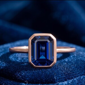Lab Blue Sapphire Emerald Cut Ring, Elegant Statement Gemstone Ring, Classic Solitaire Jewelry, Unique Gift for Her, Timeless Design