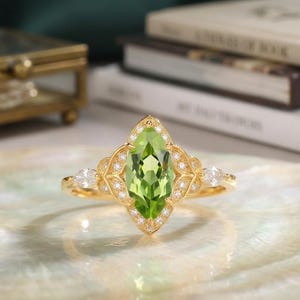 Natural Green Peridot Marquise Cut Gold plated Ring with Diamond Accents | Elegant Handmade Statement Jewelry