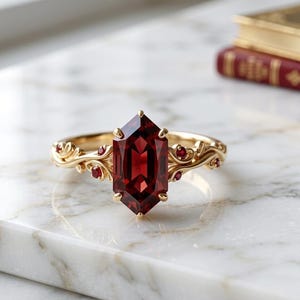 Natural Garnet Gold Plated Ring, Hexagon Cut Red Gemstone Ring, Vintage Floral Engagement Ring, Unique Jewelry Gift for Her