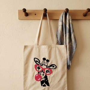 Draagtas ponsnaald giraffe, handgemaakt canvas, katoenen garenborduurwerk, milieuvriendelijke herbruikbare tas