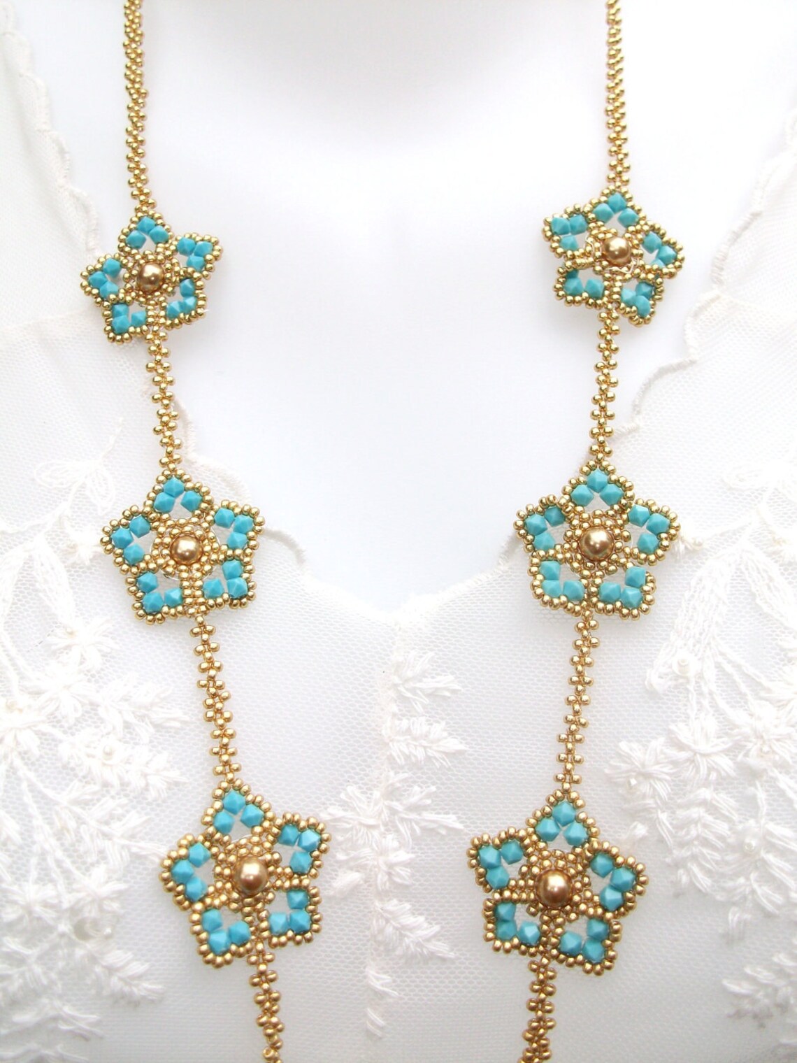Necklace Beaded Turquoise Swarovski Crystals Pearls Gold Beads Etsy
