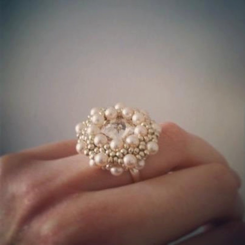 Ring Beaded Ring Swarovski Crystal and Cream Pearls Etsy